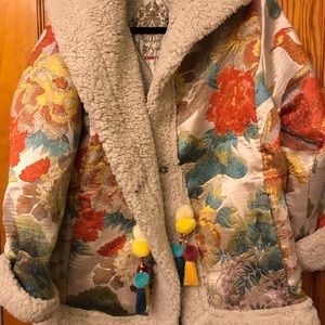 JOHNNY WAS BIYA PEONY JACQUARD JACKET COAT SHERPA LINING PEONY POMS